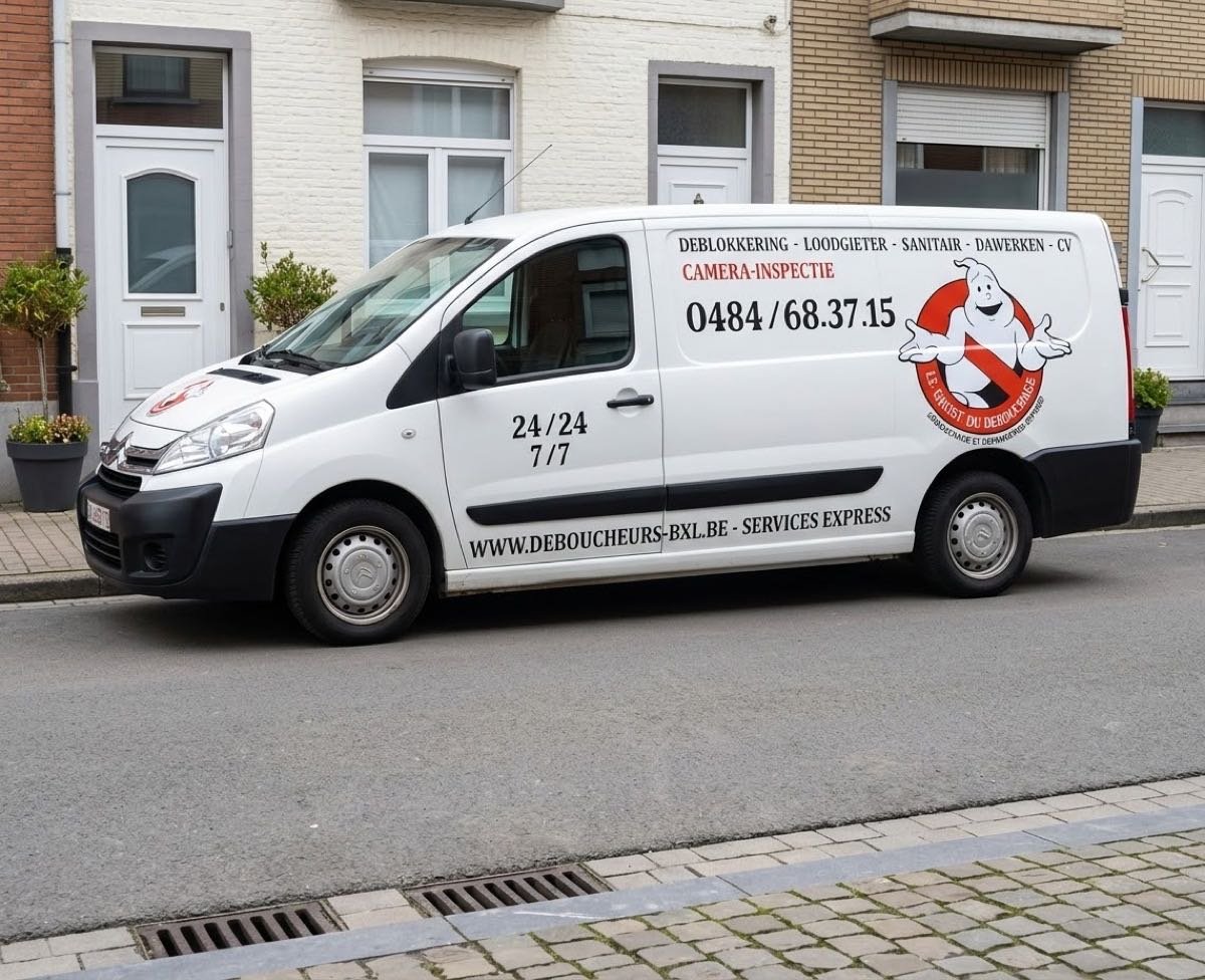 Camionnette du Ghost du Débouchage garée en rue, avec le numéro 0484/68.37.15 et le service d'inspection par caméra affichés